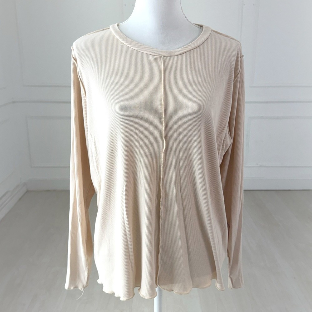 Eloquii Ribbed Long Sleeve Top Women‎ 14/16 Beige Exposed Seam Lettuce Hem